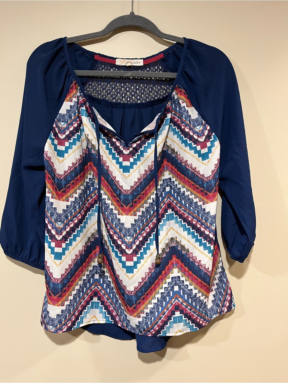 Rewind Navy Chevron-Print Peasant Blouse with Multi Accents